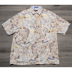 Alan Flusser Men's White Linen Cotton Blend Paisley Short Sleeve Shirt Size XL